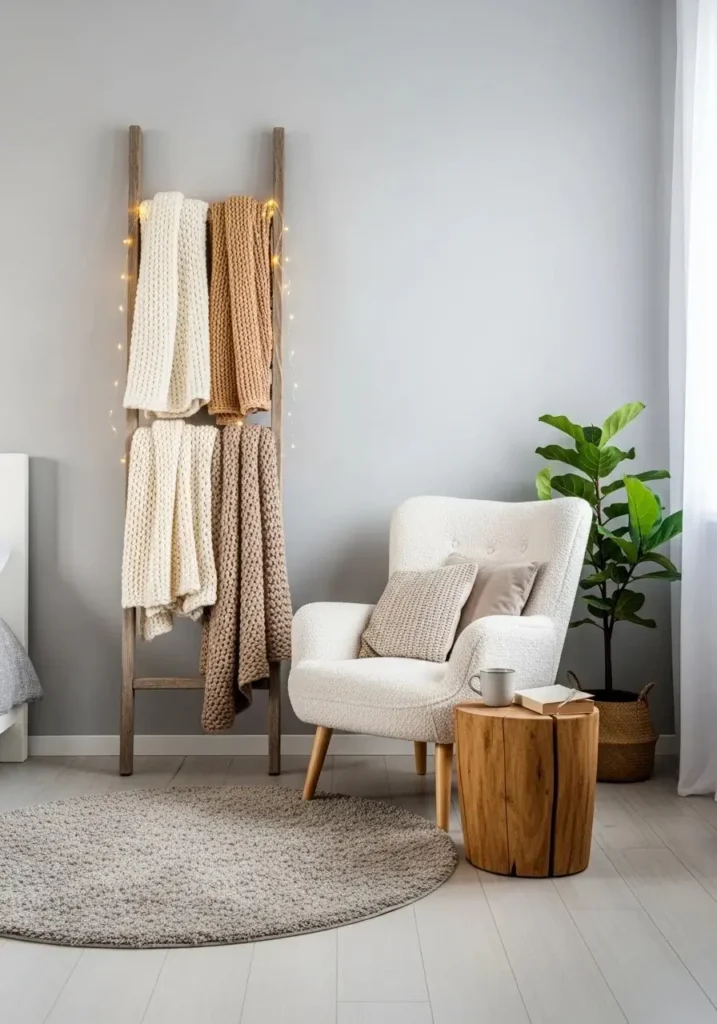 Decorative ladder with fairy lights and blankets in bedroom corner