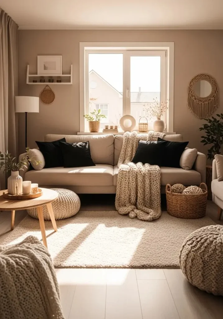 beige sofa with black pillows modern living room styling