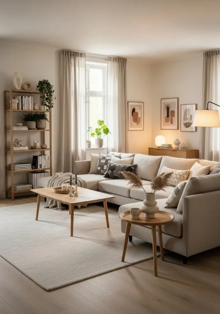 Living room with layered light wood furniture and neutral tones.