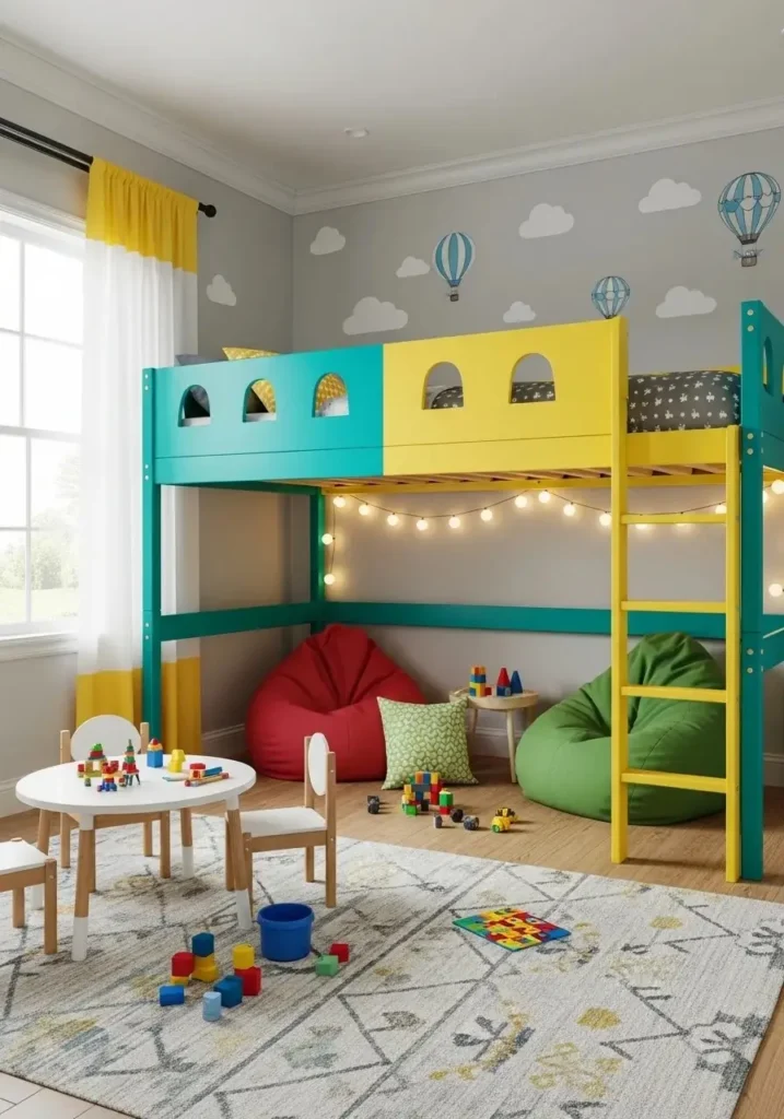 Colorful loft bed for children with an under-bed play space, making the room playful and functional.