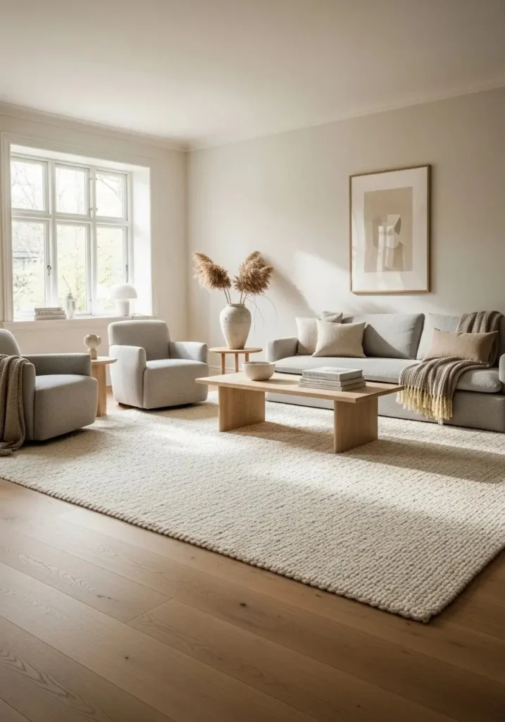 Cream area rug anchoring Scandinavian living room.
