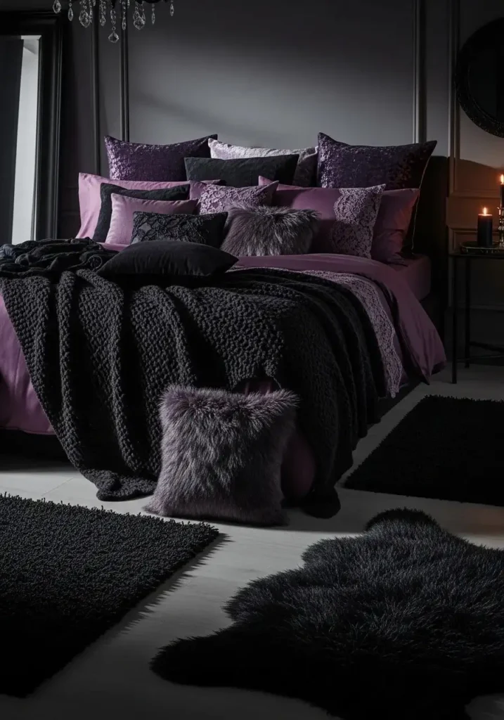 Layered dark-textured bedding in velvet, lace, silk, and faux fur for a whimsigoth aesthetic.