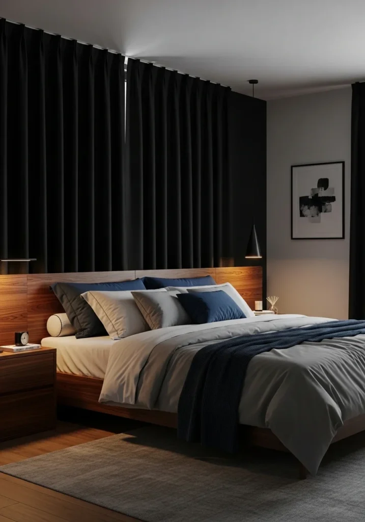 Charcoal blackout curtains creating a dark, peaceful bedroom.