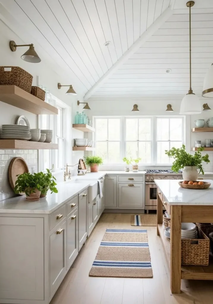 vaulted ceiling kitchen with shiplap panels
