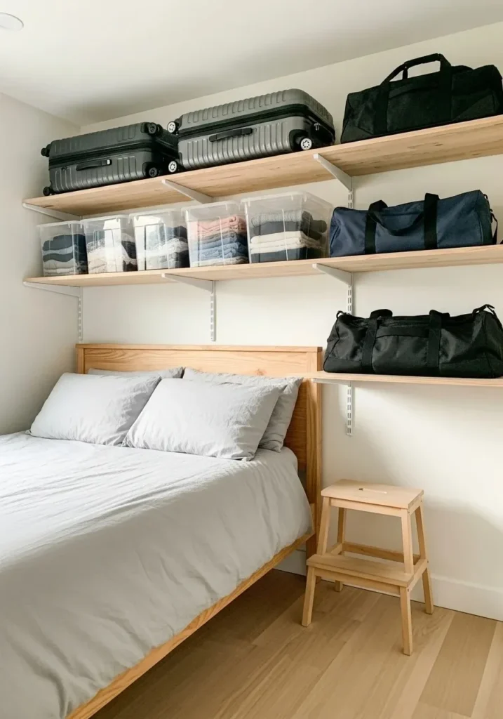 Overhead shelves storing rarely used clothes in a small bedroom