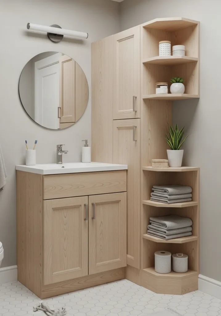 Compact corner bathroom cabinet efficiently using space