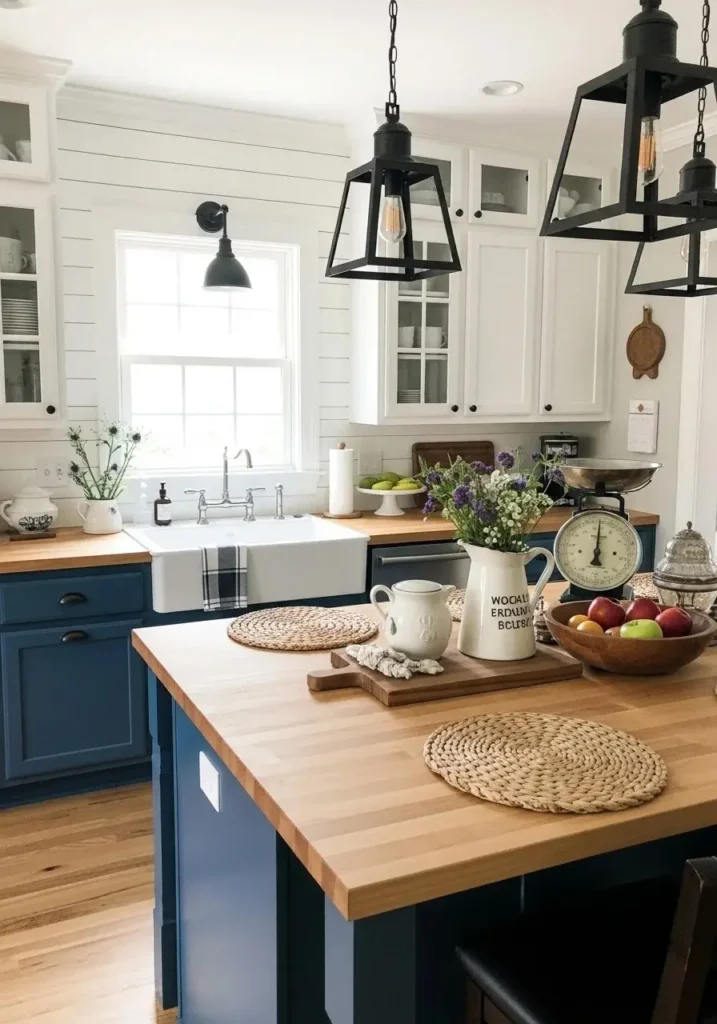 Blue and white farmhouse kitchen with warm wood accents.