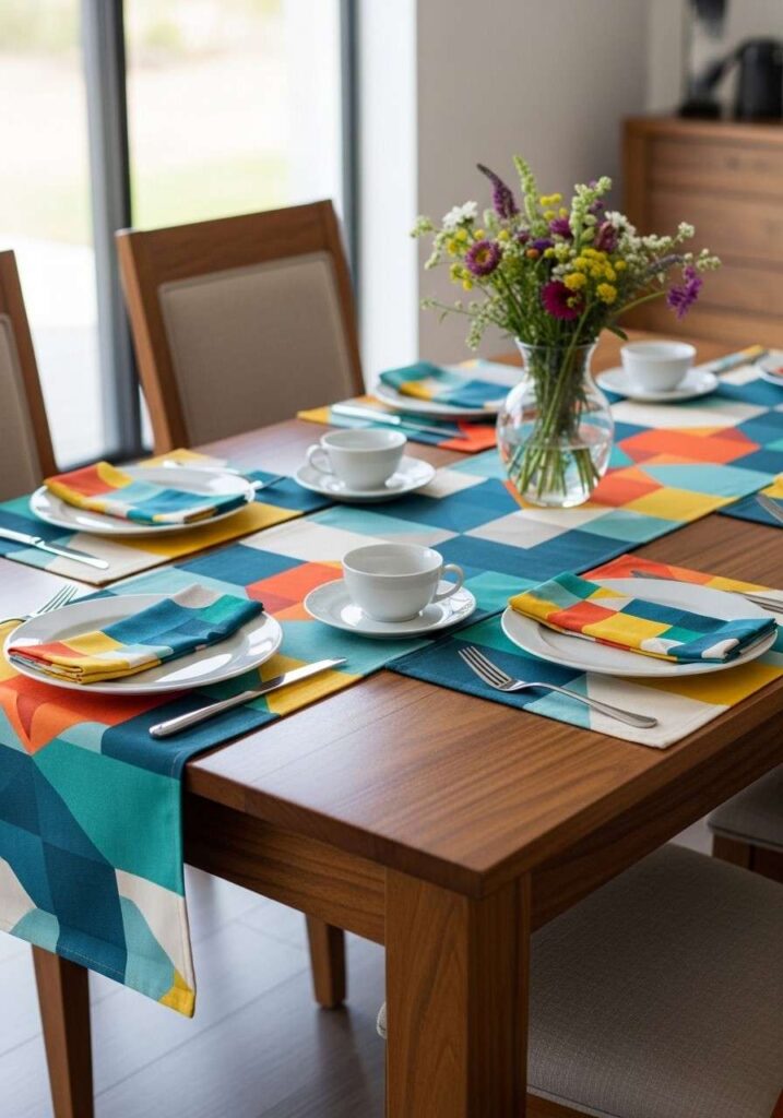 Colorful geometric table linens and napkins bring vibrancy to a wooden dining table.