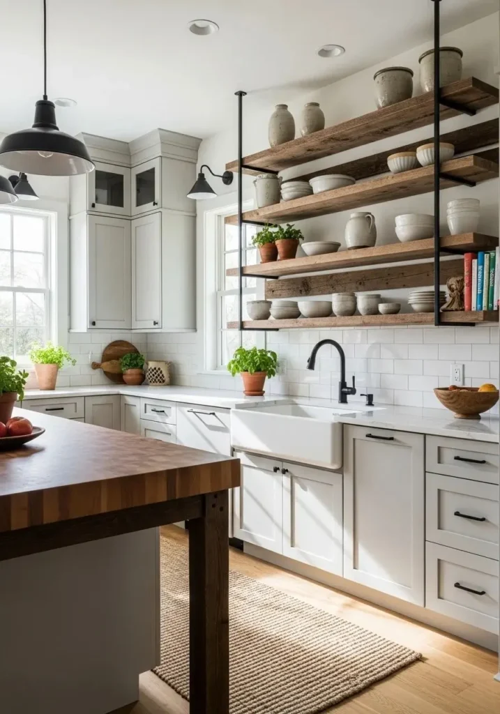 mixed material floating shelves kitchen design