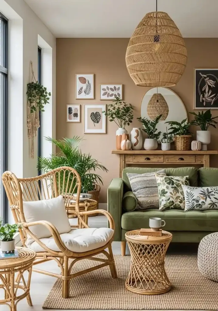 Rattan and wicker accents in retro 70s living room.