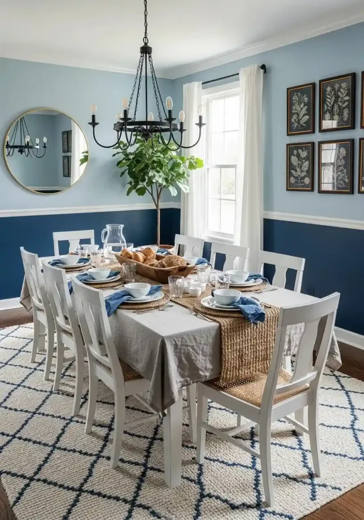 Two-tone blue dining room with layered shades and white wood table, creating depth and visual interest