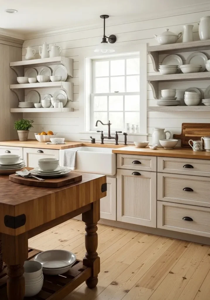 Rustic farmhouse kitchen with hickory cabinets.