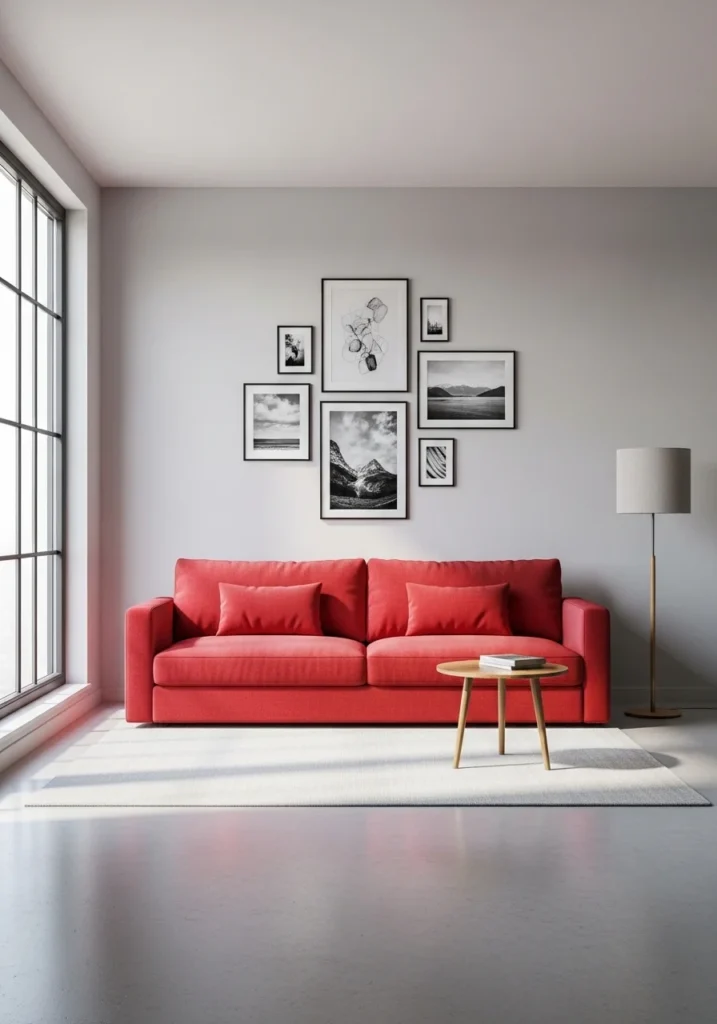 Red couch with gallery wall.