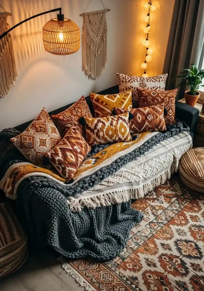 layered textiles in dark boho living room