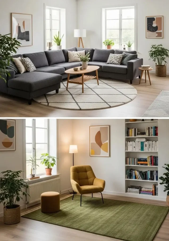 long living room divided into zones with seating and reading area