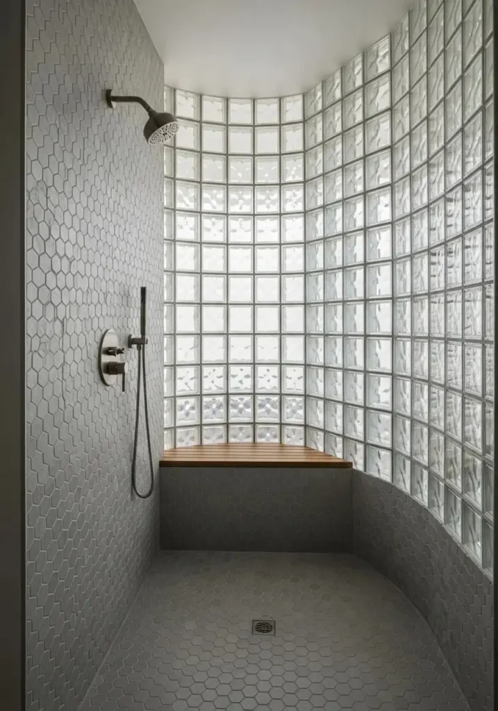 Glass block shower allowing light while providing privacy in a modern-retro bathroom