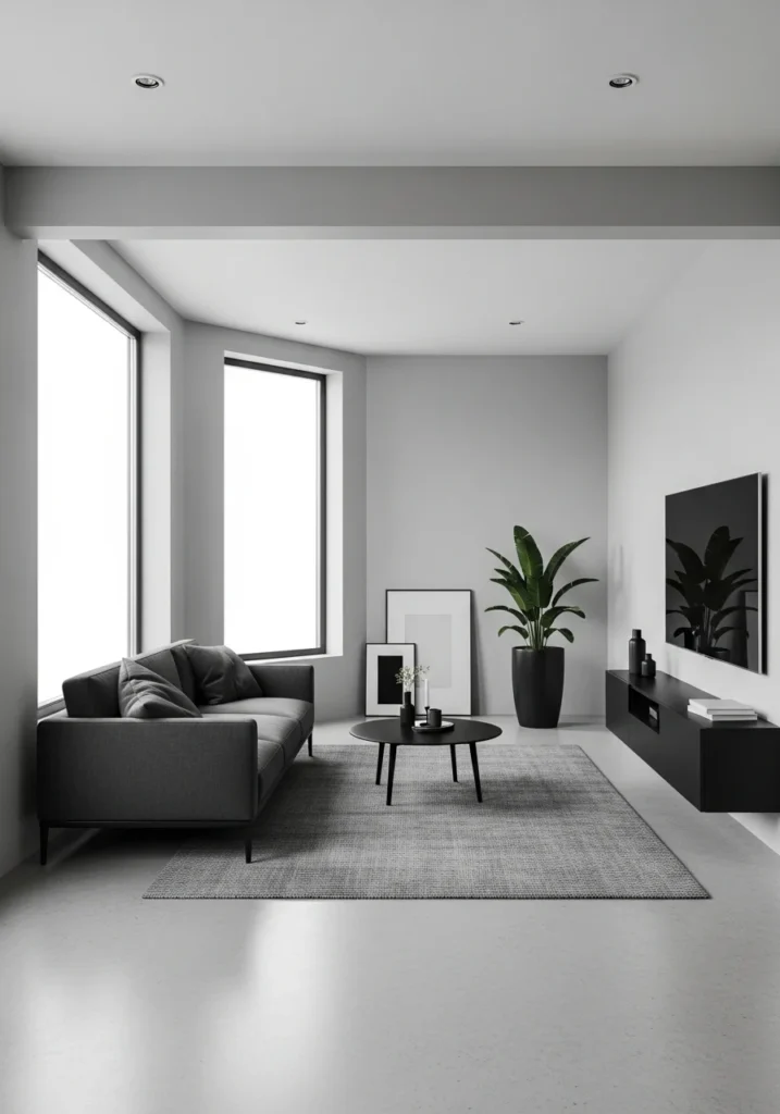 Minimal gray and black living room with clutter-free design.