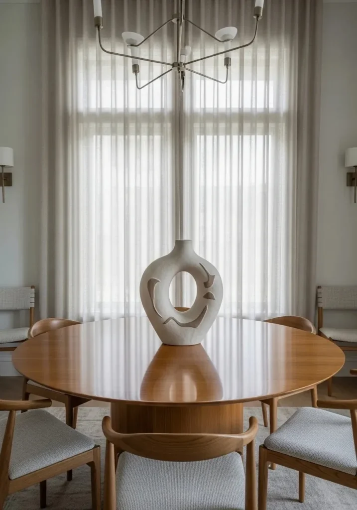 round dining table with sculptural centerpiece