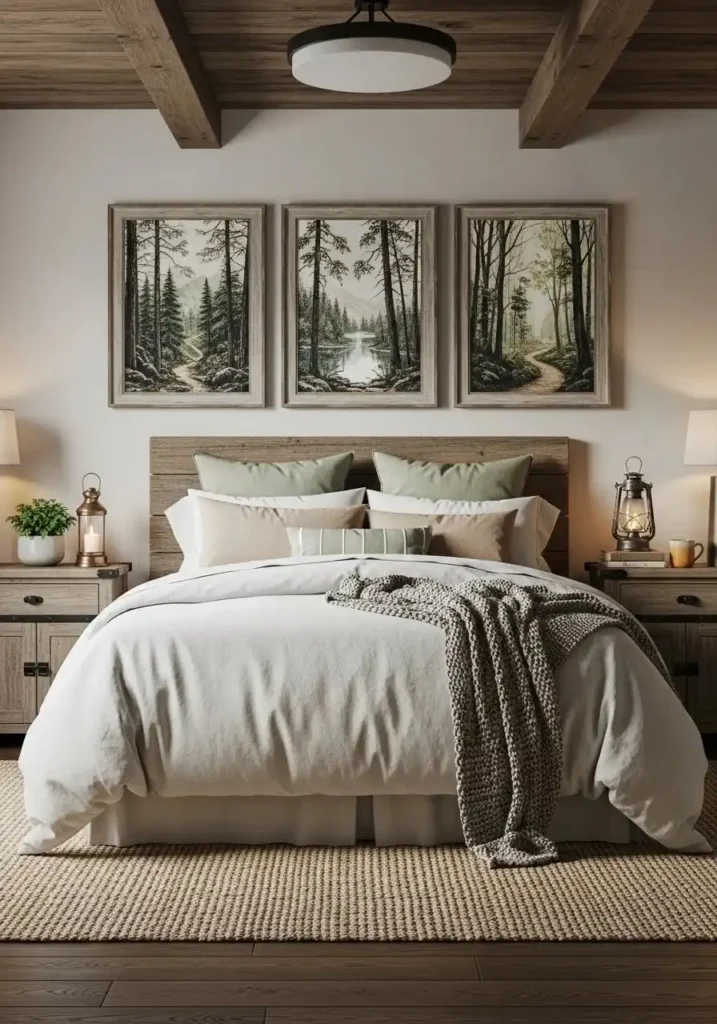 rustic bedroom with nature wall decor