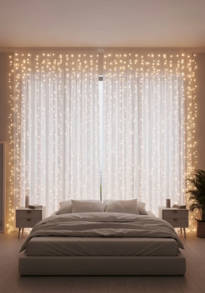 Bedroom with curtain fairy lights wall behind bed and sheer curtains