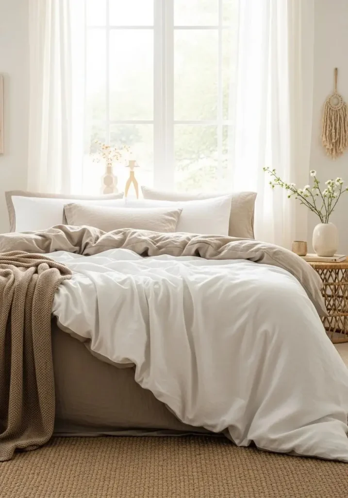 Coastal bedroom with linen bedding creating soft relaxed look