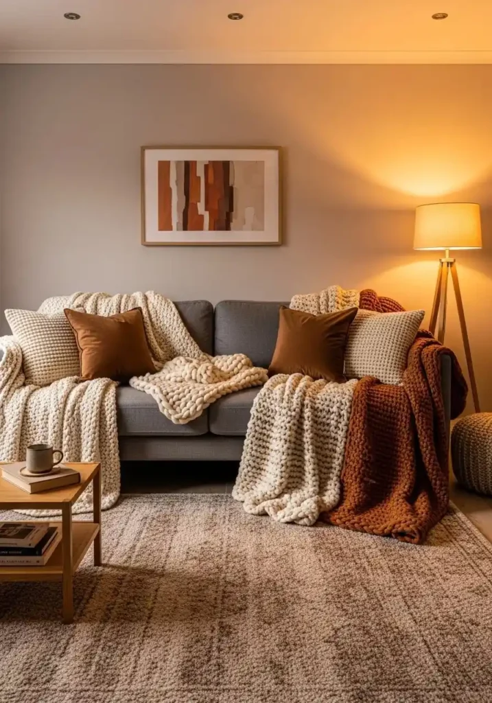 Brown throw pillows and blankets add warmth and layered texture to a gray sofa.