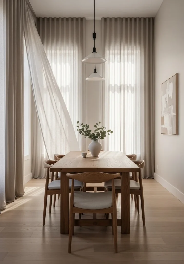 Boho dining room with light linen curtains creating an airy and soft atmosphere