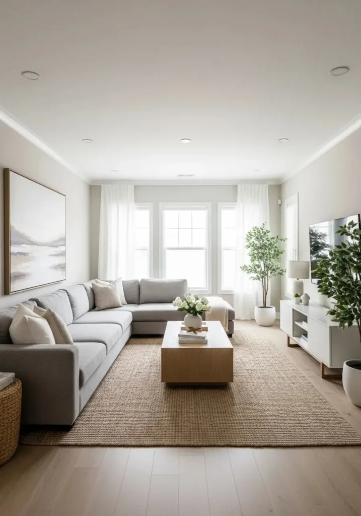 sectional sofa anchoring one side of long living room