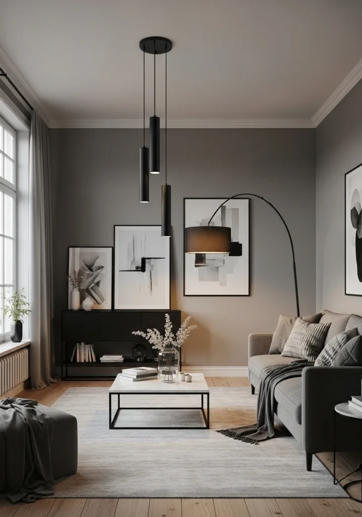 Black lighting fixtures in a stylish gray and black living room.