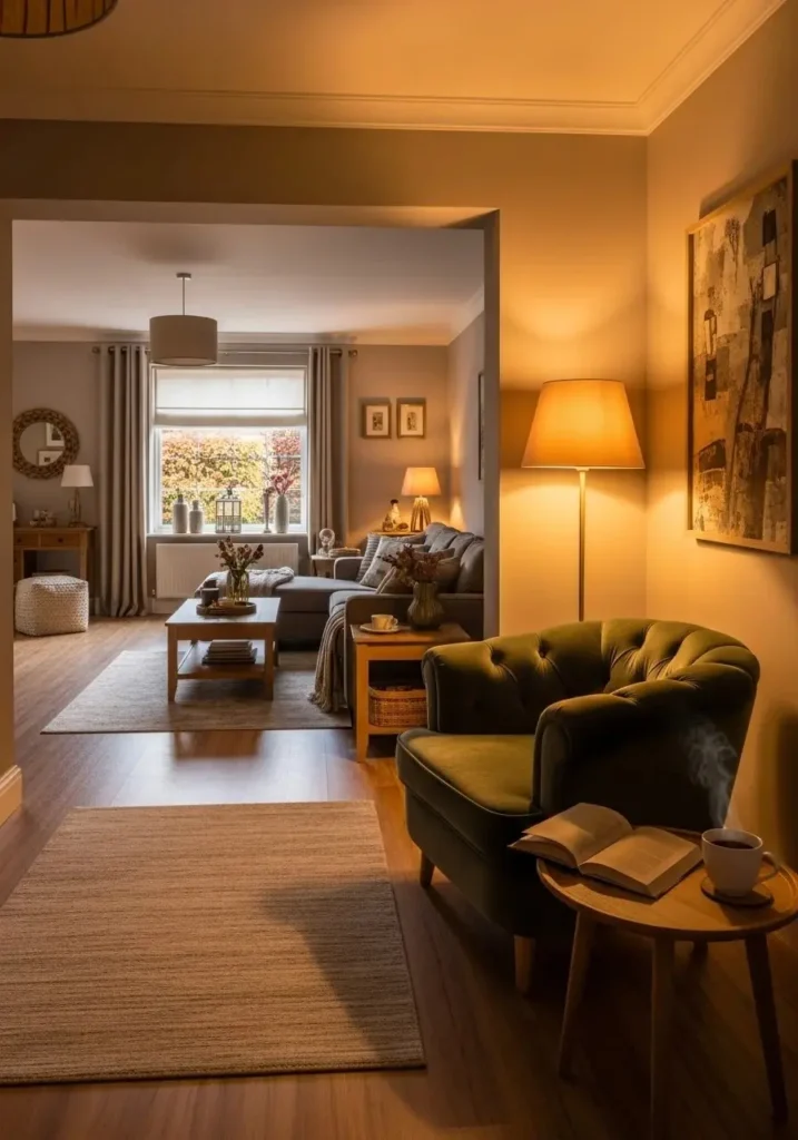 cozy corner in long living room with chair and lamp