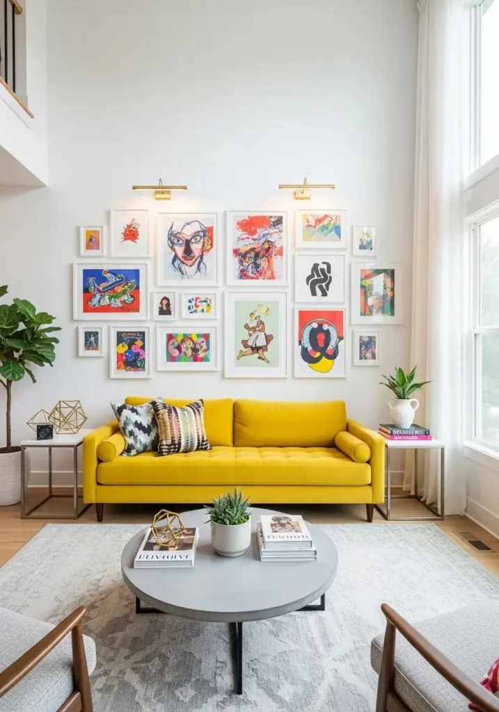 Yellow couch with gallery wall.