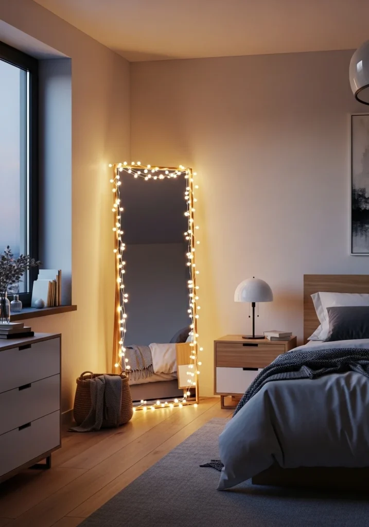 Mirror decorated with fairy lights reflecting warm bedroom lighting