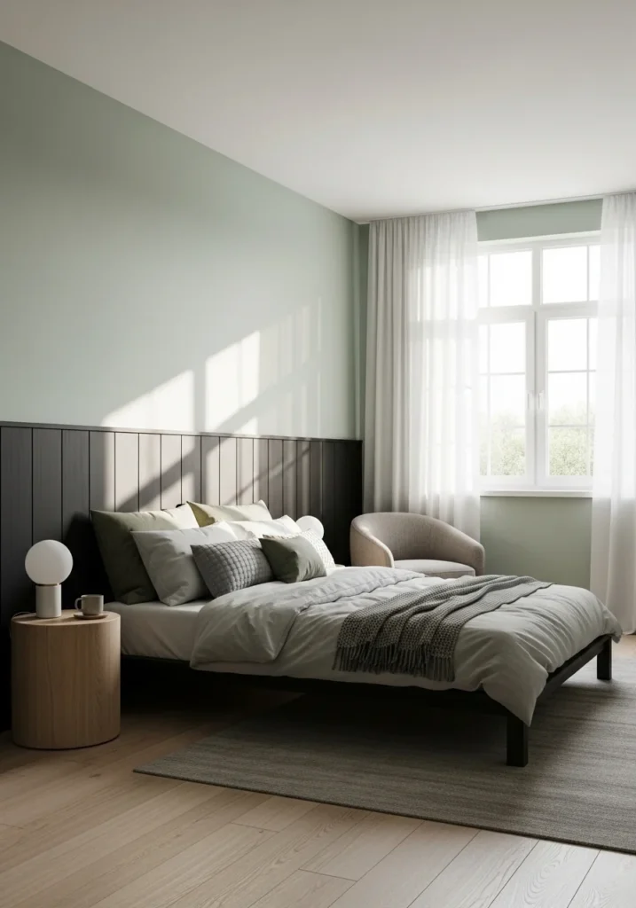 Black paneling with soft green walls creates a balanced and elegant bedroom design.