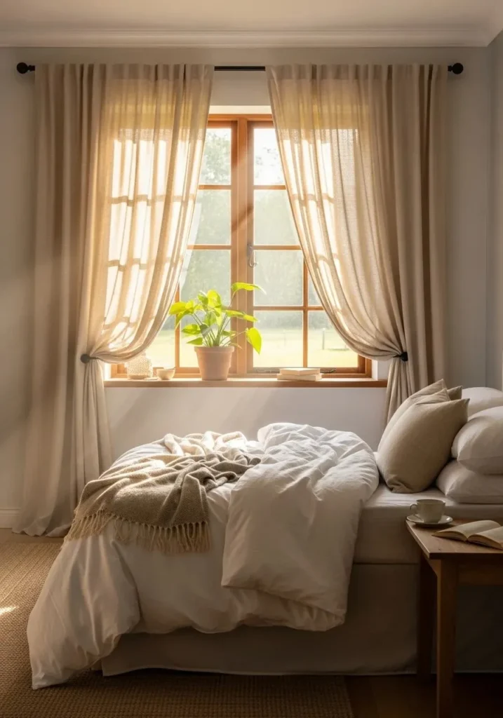 Soft neutral curtains balance wood tones and allow natural light to create a cozy cabin vibe