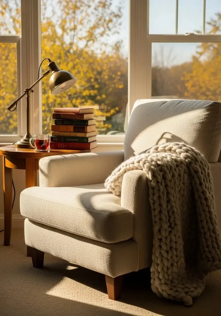 Reading corner with armchair and lamp by a window in a dark academia living room.