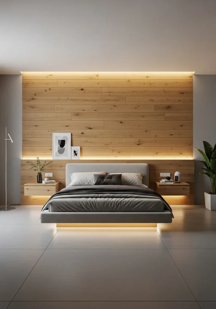 Modern bedroom featuring horizontal light oak wood plank accent wall with minimal furniture.