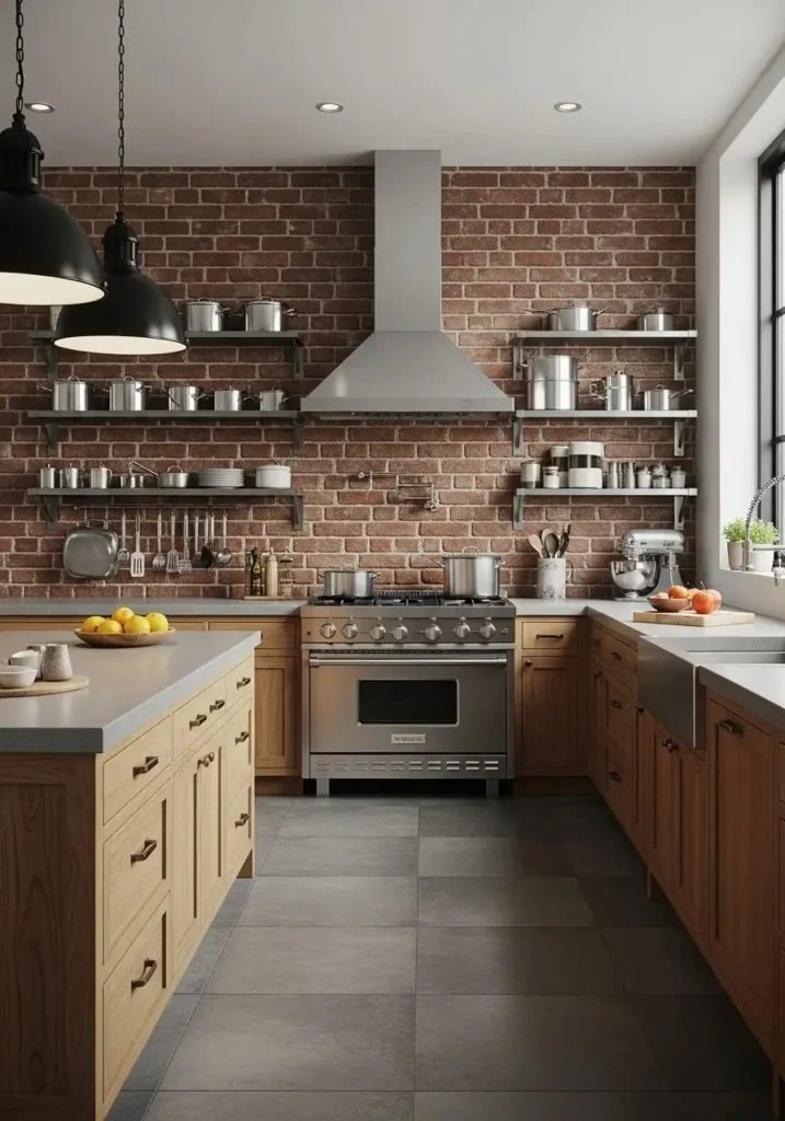 Industrial kitchen with hickory cabinets and concrete counters.