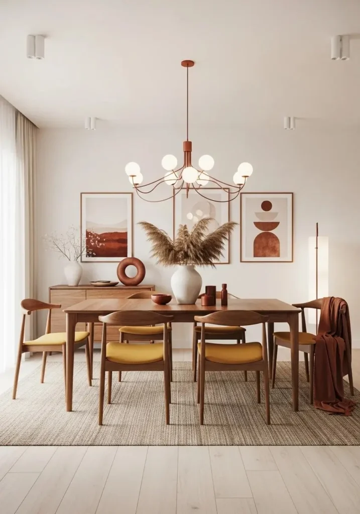 Neutral mid century dining room with warm mustard and earthy accents