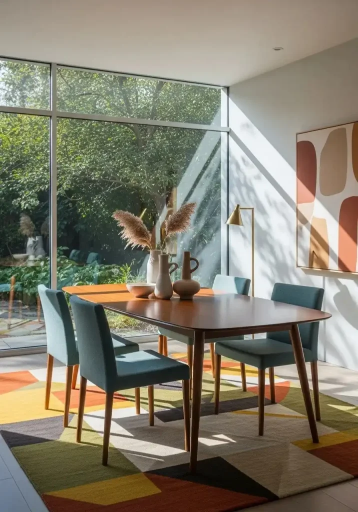 Mid century modern dining room with sleek low-profile furniture