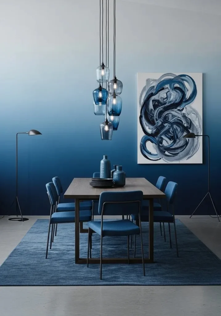 Ombre blue dining room with gradient walls, creating a Pinterest-worthy artistic and airy atmosphere