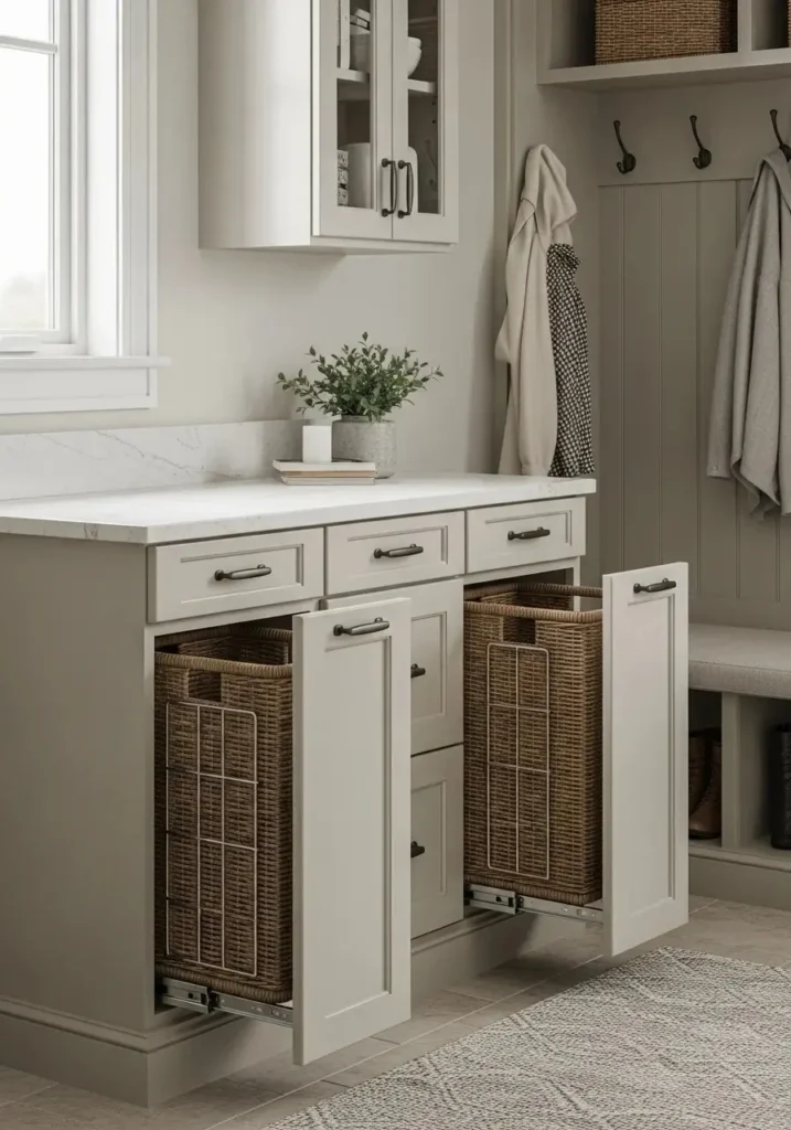 Hidden pull-out hampers in mudroom-laundry combo keeping laundry out of sight.