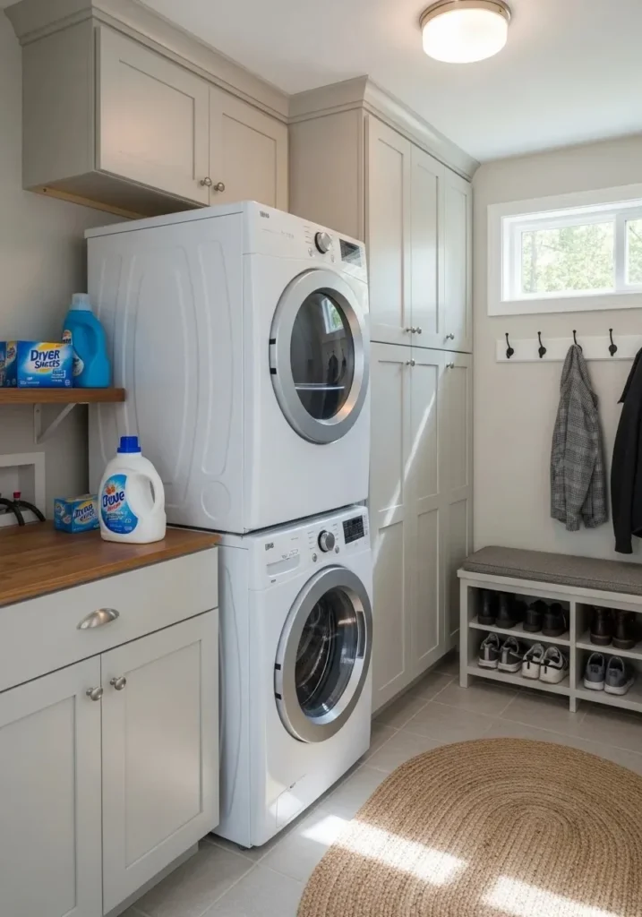 Space-saving stackable washer and dryer in a mud room laundry room combo.