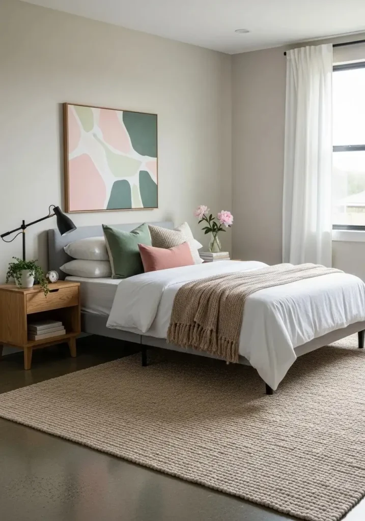 pink headboard with green pillows bedroom idea