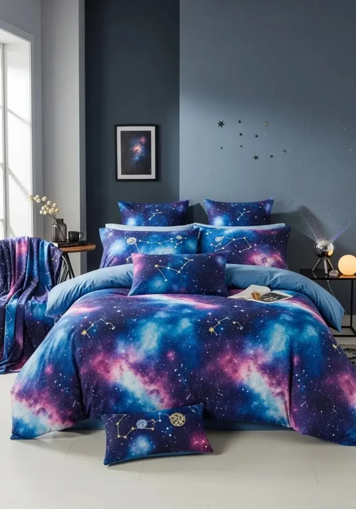 Space themed bedroom with matching galaxy bedding set and decor.