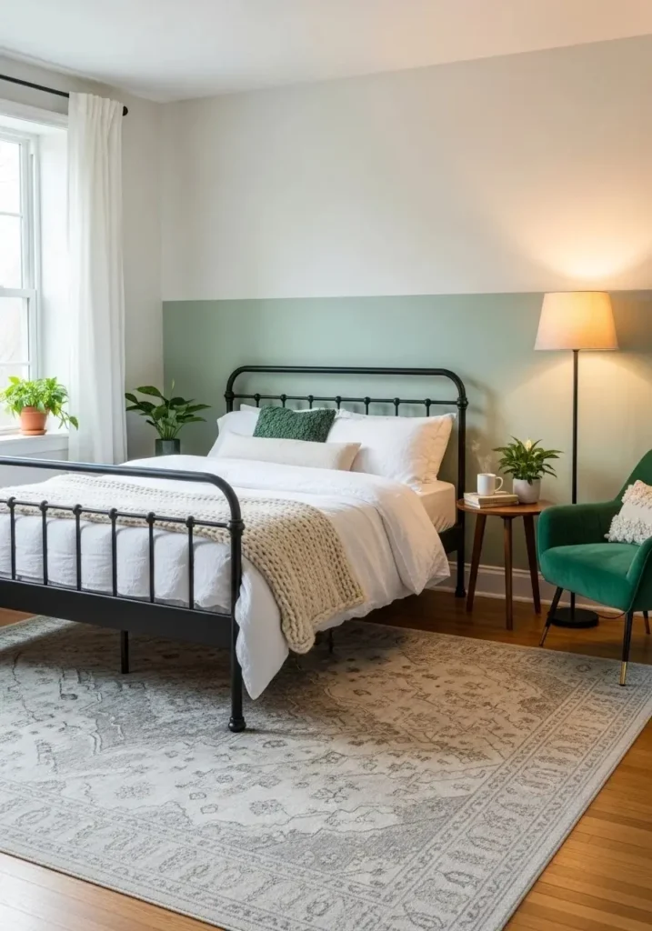 Green accent chair with black bed adds luxury and function to a bedroom.