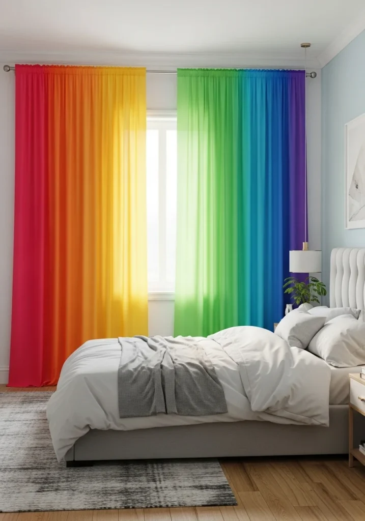 rainbow curtains bedroom idea