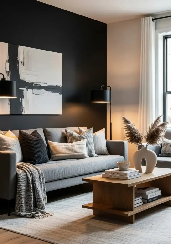 Black feature wall in a gray and black living room.