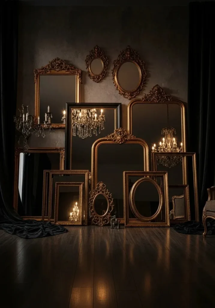 Whimsigoth bedroom with antique gilded mirrors and ornate frames on dark walls.