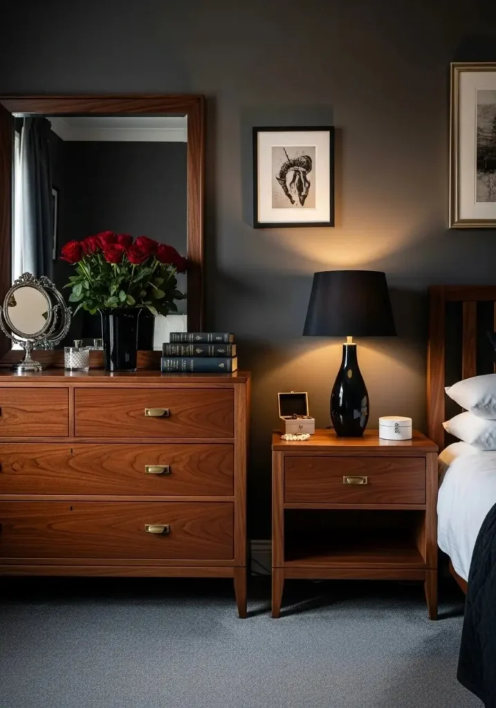 Dark wood furniture in cozy feminine bedroom