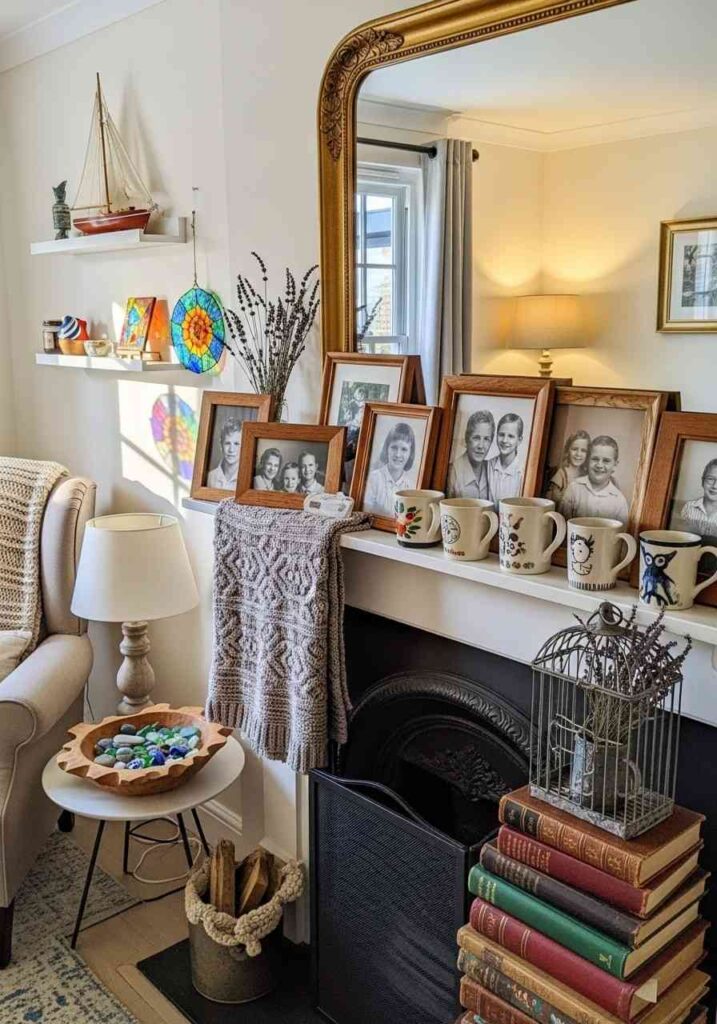 Cottage living room decorated with personal touches like photos, handmade items, and vintage finds.
